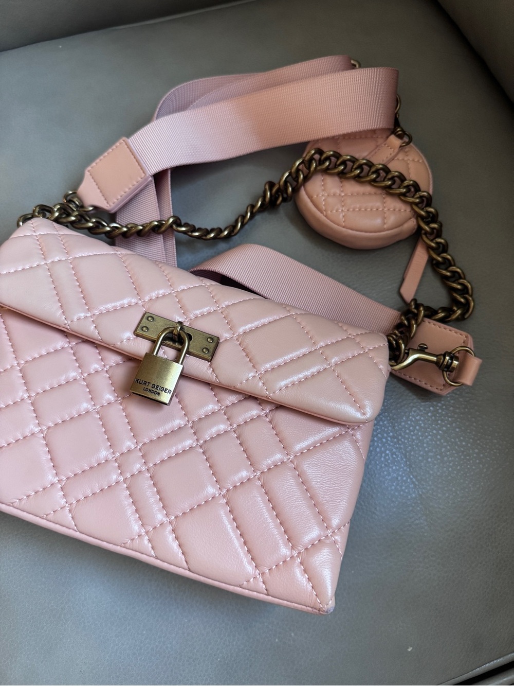 Kurt Geiger light orange Quilted Leather Crossbody Bag with Chain Strap